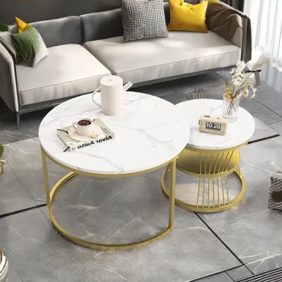 Produktbild von ProximaX Couchtisch 2er Set Beistelltisch Satztisch Wohnzimmertisch Sofatisch rund Ø70 x 45.5+45 x40cm Weiß