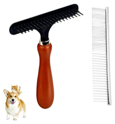 Produktbild von 1 Entwirrungskamm Mit Holzgriff Und 1 Stahlkamm, Heimtierbedarf, Tierhaarreinigungswerkzeuge, Haustierpflegewerkzeuge