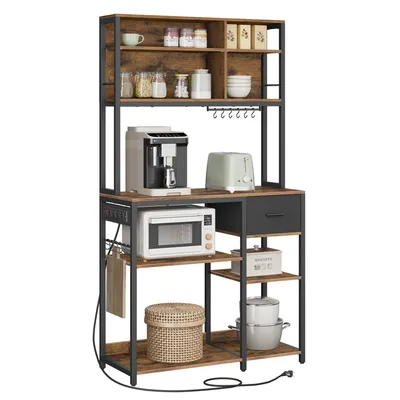 Produktbild von VASAGLE Küchenregal mit Steckdosen, Standregal, Mikrowellen-Regal, verstellbare Ablagen, Stoffschublade, 12 Haken, 40 x 100 x 180,4 cm, für Mikrowelle
