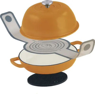 Image de Mahlzeit Gusseisen Brottopf Set émaillé 6,4 litres, Sunny Orange, avec boucle à pain et dessous de plat