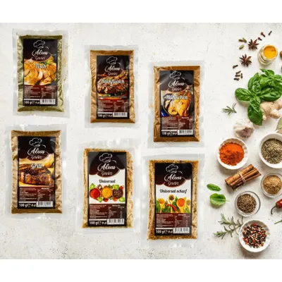 Produktbild von 6-er Set Aleas Gourmet Gewürz- Kollektion- Universal, Universal schsrf, Grill, Hähnchen, Fisch & Hackfleisch- 6 x 100g Vorratspack für Küche und BBQ