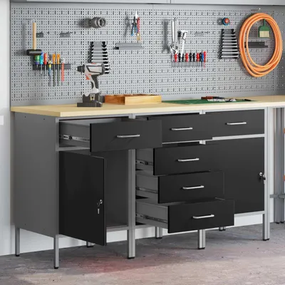 Immagine prodotto di vidaXL Banco da lavoro con cassetti 3 pezzi Nero e grigio 150 x 55 x 85 cm