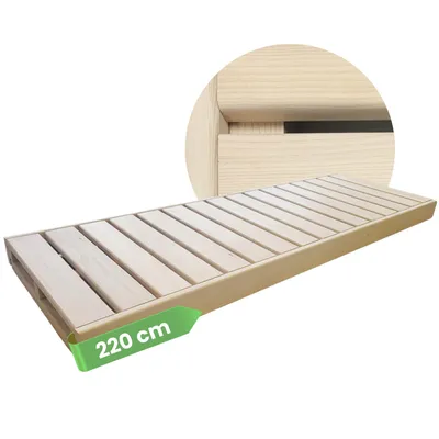 A wooden lounger on a white background, with a close-up inset showing a detail of the wood construction.