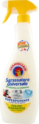 A white spray bottle of Chante Clair degreaser with a yellow trigger and cap.