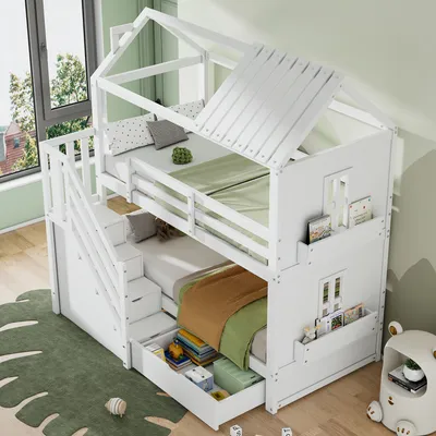 A white bunk bed with a house-shaped frame, stairs, and storage drawers, set in a child's room with a green rug and a window view.