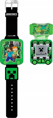 A Minecraft-themed digital watch and a separate accessory module are displayed against a white background.