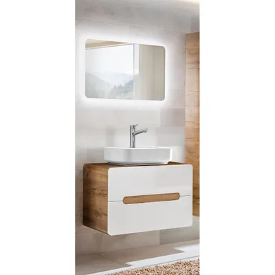 Produktbild von Badezimmer Waschplatz Set mit Keramik-Waschtisch LUTON-56 Hochglanz weiß mit Wotan Eiche Nb. B/H/T ca. 80/200/46 cm
