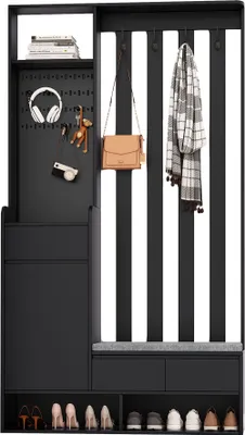 Produktbild von Flieks Garderobensets, Flurgarderobe mit Bank und Kissen, Garderobe mit 4 Haken, Schuhschrank für Eingangsbereich, schwarz
