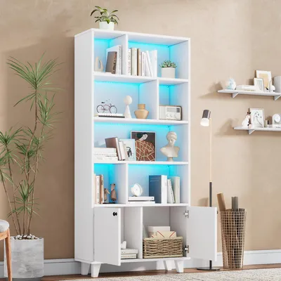 Produktbild von okwish Highboard Bücherregal mit LED-Farbwechsel-Ambientelicht, Aufbewahrungsschrank mit mehrere Ablagefächer und Doppeltüren,weiß