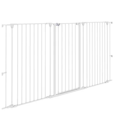 Produktbild von PawHut 3-teiliges faltbares Hundeschutzgitter aus Stahl mit Doppelverriegelung und integriertem Tor für Tür und Treppe – 206 x 120 cm, Weiß