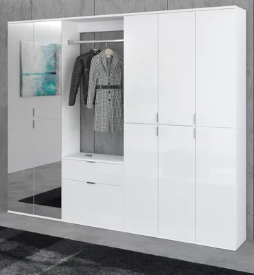 Produktbild von Garderobe "SystemX" in weiß Hochglanz, mit Spiegel und variabler Einteilung