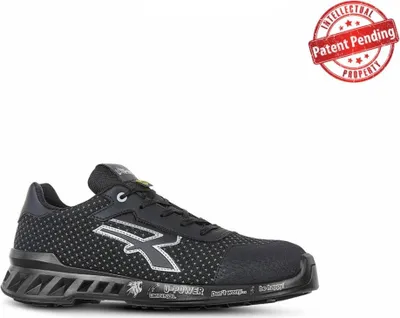 A black U-Power safety shoe is shown against a white background.
