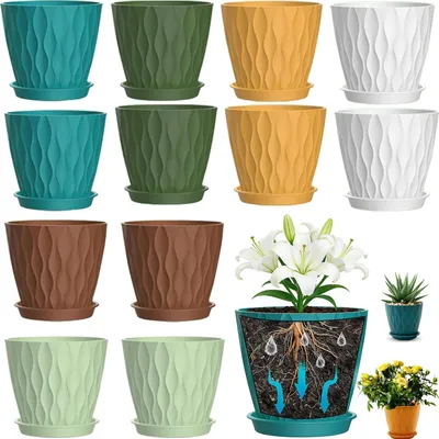 Produktbild von Set aus 12 Kunststoff-Blumentöpfen mit Untersetzern, Durchmesser 10 cm