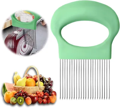 Imagen del producto de Cortador de cebollas de acero inoxidable, diseño ergonómico, apto para verduras y carne, color verde