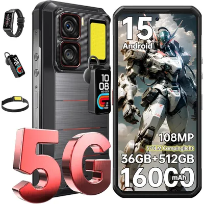 Oukitel WP300 5G Outdoor Handy 36GB+512GB 16000 mAh 108 MP Android 15 Industrietelefon Mit Campingleuchte/Abnehmbarer Ohrhörer Smartphone, Schwarz