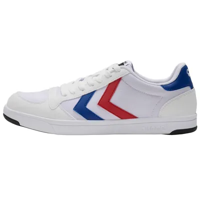 A side view of a white sneaker with blue and red accents.