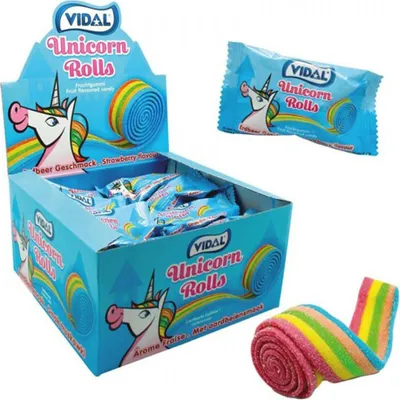 Produktbild von Display Komplett Rolla Belta Unicorn, mehrfarbige Fruchtgummirolle Erdbeergeschmack 24 Stück