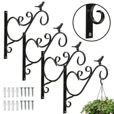 Image de Hengda 4 crochets muraux pour suspensions florales, crochets muraux pour suspensions florales, longs crochets pivotants pour jardin, oiseau en fonte 26 cm