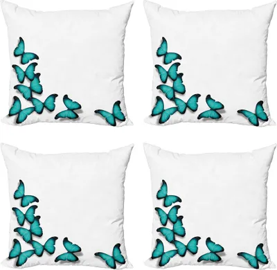 Immagine prodotto di ABAKUHAUS Set di federe turchesi (4 pezzi), Sunny Butterflies Morphs, stampa digitale moderna su entrambi i lati, 60 cm x 60 cm, nero turchese