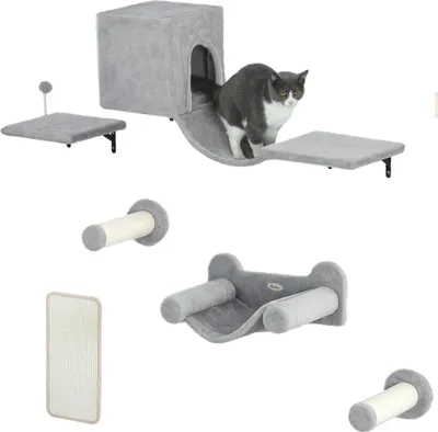 Image de Kit d'escalade pour chats - Arbre à chat mural - Kit 6 pièces, grotte, plate-forme, hamac, escalier et griffoir - 106 × 30 × 30,5 cm - Beige