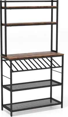Immagine prodotto di Scaffale da cucina con portabottiglie fino a 10 bottiglie e piano di lavoro e portapanetteria a 5 ripiani marrone