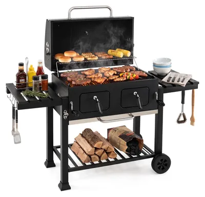 Image de Barbecue au charbon de bois COSTWAY avec couvercle, chariot de barbecue XXL, barbecue sur pied avec 2 tables latérales, 2 bacs à charbon réglables en hauteur, thermomètre, grille de cuisson et housse de protection