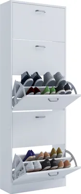 A white shoe cabinet with multiple flip-out drawers is shown against a white background.
