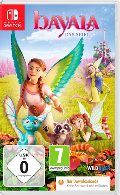 The image shows the front cover of a Nintendo Switch game case for 'Bayala - Das Spiel'. It features animated characters, including fairies and a raccoon, in a fantasy setting with a castle in the background. There are also age rating icons and a download 