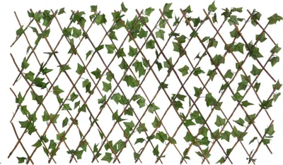 A decorative lattice fence covered with artificial ivy leaves, set against a white background.
