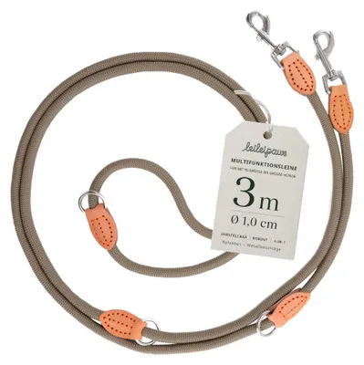Multifunktionale Hundeleine 3 m, Nylon/Leder, verstellbar, Khaki