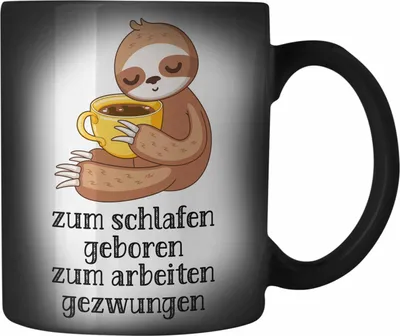Produktbild von Trendation - Zum Schlafen Geboren Zum Arbeiten Gezwungen Farbwechsel Zauber-Tasse mit Spruch Geschenk Kollegin Kollege Frau Karabiner Farbwechsel Zauber-Tasse Edelstahl Büro Faultier (Schwarz)