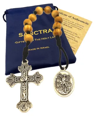 Taschenrosenkranz, handgefertigt, 10 Holzperlen, 20,8 cm, mit Medaille und Kreuz