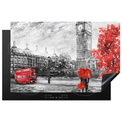 Produktbild von KitchenYeah© Herdabdeckplatte Rot - London - Stadt - Schwarz und weiß , 80x52cm, Küche Deko, Glaskeramikkochfeld Herdabdeckung, Abdeckplatte fùr Kochfeld