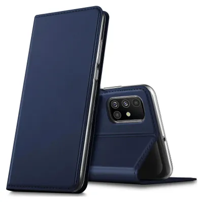 A dark blue flip case for a smartphone is shown, partially open, revealing the camera module of the phone.