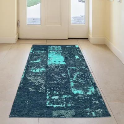 Produktbild von Wohnzimmer Teppich abstraktes Muster blau weiß grau Größe - 80 x 150 cm