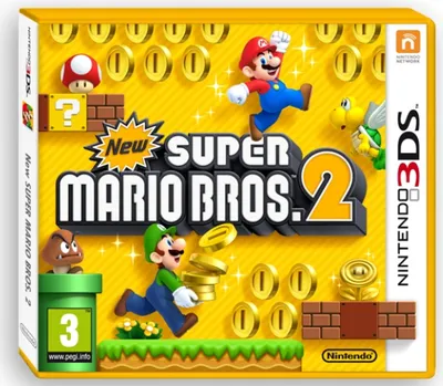 The image shows the front packaging of the Nintendo 3DS game 'New Super Mario Bros. 2'. It features characters from the Mario franchise, coins, and game title.