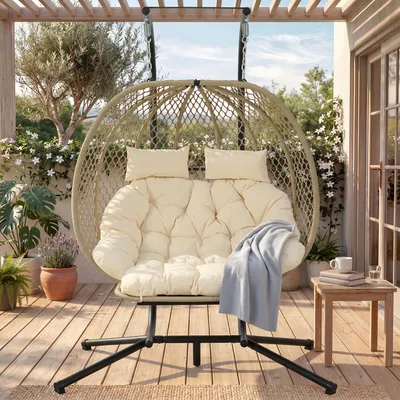 Produktbild von Abrihome Hängesessel mit Gestell und Kissen, Gartenhängstuhl Doppelschaukelstuhl Schwebeliege ideal für Garten, Terasse, Beige