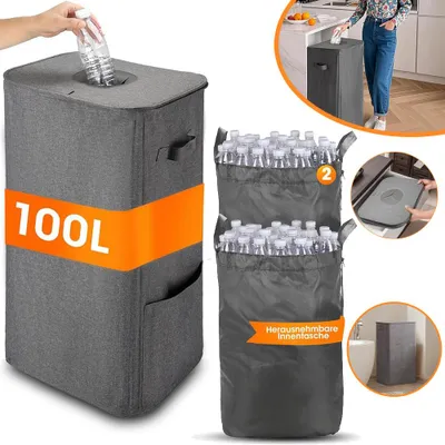 Produktbild von 100L Pfandflaschen Sammelbehälter mit Deckel, Faltbarer Leergut Sammelbehälter und Flaschensammler für Küche oder Garage