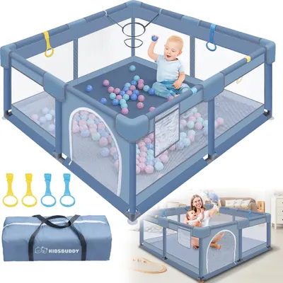 Produktbild von LZQ Laufstall für Baby Laufgitter Kinder 130x130x66cm Sicherheitsspielplatz Schutzgitter mit Weichem Netz, Bällen, Mini-Körbchen und 4 Zugringen (Grau)