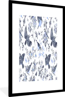 Produktbild von MuchoWow® MuchoWow® Gerahmtes Poster Blumen - Vogel - Blau 60x90 cm - Poster mit zchwarzem Bilderrahmen - Dekoration - Wandposter Wohnzimmer - Hochwertig