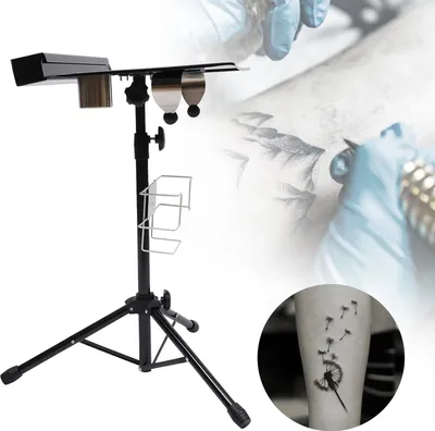 Immagine prodotto di Postazione di lavoro per tatuaggi - Tavolo con treppiede - Regolabile in altezza da 61 a 107 cm - Piano del tavolo 33×47 cm - Ferro - Ripiano - Scatola per colori - Nero