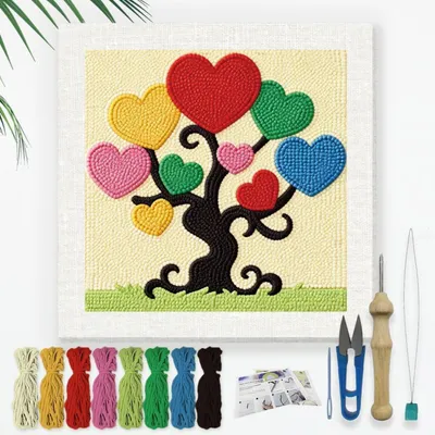 Produktbild von Punch Needle Bastelset Herzbaum für Anfänger 24x24cm Regenbogen DIY Stickerei Set
