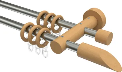 Produktbild von Interdeco Gardinenstange / Vorhangstange Edelstahl-Optik / Buche lackiert, Typ Adrian Franca (Schräge), 16 mm Ø 2-läufig, 520 cm
