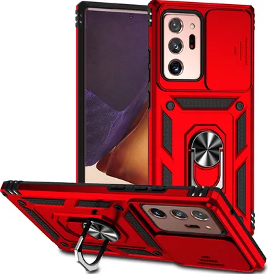 Image de Étui pour Samsung Galaxy Note 20 Ultra 5G étui double couche avec couvercle coulissant pour appareil photo et anneau de support rouge