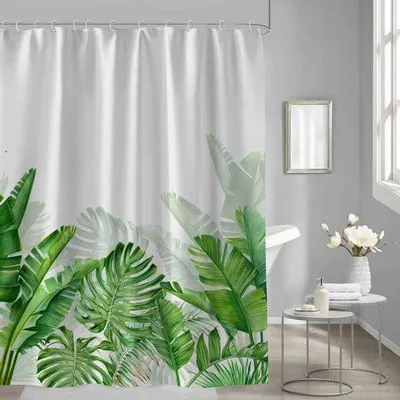 Obrázek produktu pro Závěs do sprchy Unyqoos® 180 x 200 cm, zelený vzor listů – polyester s vodoodpudivou úpravou, odolný proti plísním, včetně 12 kroužků