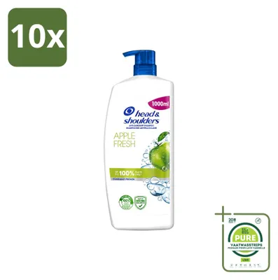 Zdjęcie produktu dla 10 butelek szamponu Head & Shoulders Anti-łupież, zapach jabłkowy, z dozownikiem, pojemność 1000 ml - opakowanie zbiorcze - 10 sztuk