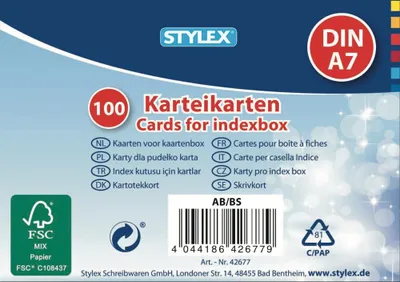 Produktbild von Stylex Karteikarten DIN A7 liniert 100 Stück