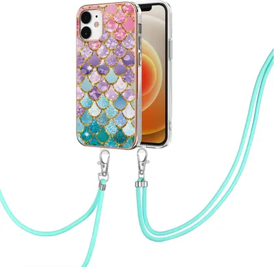 A phone case with a mermaid scale pattern and a teal lanyard is displayed against a white background.