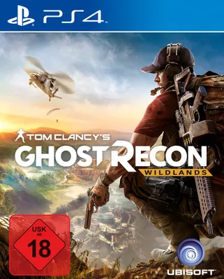 A soldier crouches in a mountainous landscape, holding a gun, with a helicopter flying in the background.