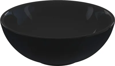 A black ceramic washbasin is shown from a slightly elevated front-facing angle against a white background.
